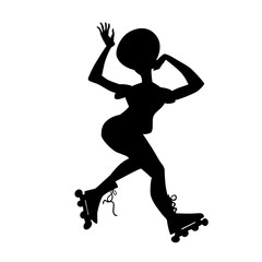 Fototapeta na wymiar Silhouette of girl on roller skates. Girl make a stunt. Vector black and white illustration. Cutout isolated object. Sports goods elements.