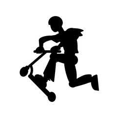Silhouette of guy riding on the scooter. Vector black and white illustration. Cutout isolated object. Sports goods elements.