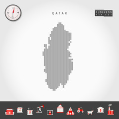 Vector Vertical Lines Pattern Map of Qatar. Striped Simple Silhouette of Qatar. Realistic Vector Compass. Business Infographic Icons.