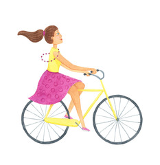 Girl with bicycle. Hand drawn watercolor illustration. Summer composition