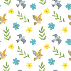 Birds, spring flowers and plants watercolor seamless pattern. Hand painted illustration on a white background.
