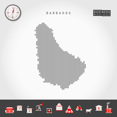 Vector Vertical Lines Pattern Map of Barbados. Striped Simple Silhouette of Barbados. Realistic Vector Compass. Business Infographic Icons.