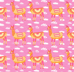 Seamless pattern with cartoon llamas. Pink childrens background. Cute animals on a background of white clouds. Vector illustration.