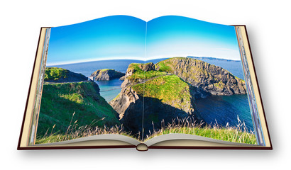 Fototapeta na wymiar Typical Irish landscape with suspended bridge on cliffs (Northern Ireland - United Kingdom - Carrick a Rede) - 3D render of an open photo albumwner of the images used in this 3D render