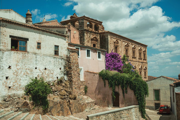 Fototapeta na wymiar Old buildings and flowering trees over an alleyway at Caceres