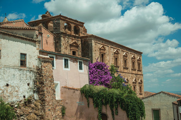 Old buildings and flowering trees with a countryside landscape at Caceres