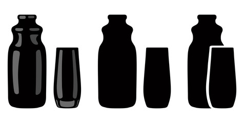 Silhouette of bottle for juice and glass. Glassware. Vector illustration