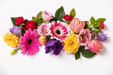 Creative layout made with beautiful flowers on white background.