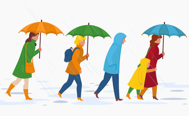 People with umbrella, walking under the rain. Autumn flat cartoon illustration