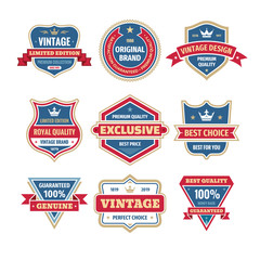 Business badges vector set in retro design style. Abstract logo. Premium quality. Satisfaction guaranteed. Vintage style. Original brand. Limited edition. Exclusive. Best price.