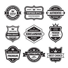 Business badges vector set in retro design style. Abstract logo. Premium quality. Satisfaction guaranteed. Best brand. Genuine product. Concept labels in black & white colors. 