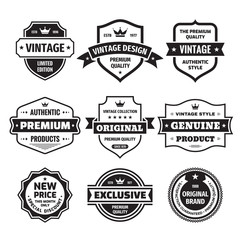 Business badges vector set in retro vintage design style. Abstract logo. Premium quality. Satisfaction guaranteed. Original brand. Exclusive genuine product. Concept labels in black & white colors. 