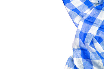 Blue checkered kitchen table picnic cloth isolated on empty copy space white background.