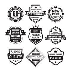 Business badges vector set in retro design style. Abstract logo. Premium quality. Satisfaction guaranteed. Original brand. Special edition. Genuine product. Black & white colors.