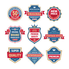 Obraz premium Business badges vector set in retro design style. Abstract logo. Premium quality. Satisfaction guaranteed. Original brand. Special edition. Genuine product. Concept labels. 