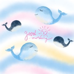 Blue whale in colorful cloud,watercolor illustration by freehand drawn,for celebrated card