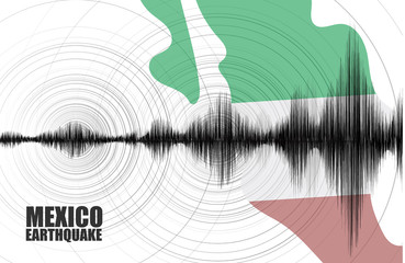 Mexico Earthquake Wave with Circle Vibration on Map and Flag background,audio wave diagram concept,design for education,science and news,Vector Illustration.