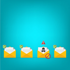 Fototapeta premium Email / envelope with black document and skull icon. Virus, malware, email fraud, e-mail spam, phishing scam, hacker attack concept. Vector illustration