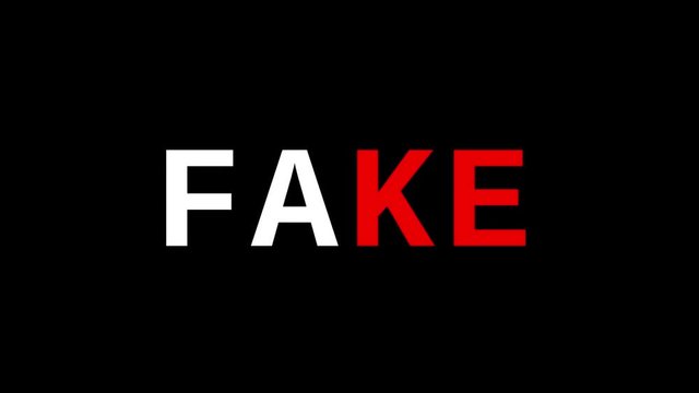 text animation with word changing from fact to fake, concept of fake news, glitch effect and camera shake