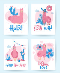 Llama and alpaca collection of cute hand drawn illustrations, greeting cards and design for nursery design, poster. Super cute bright print set. Lettering qoutes Happy birthday, hola, llama love, stay