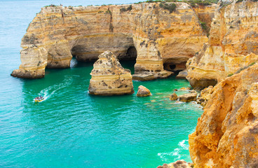 View from above on Praia de Marinha or Benagil, Most beautiful beach in Algarve, Portugal 