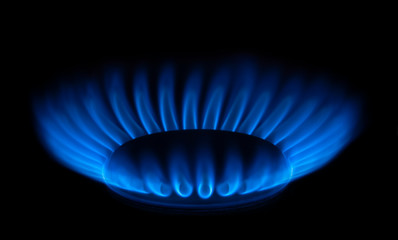 Burning gas burner with blue flame on black background