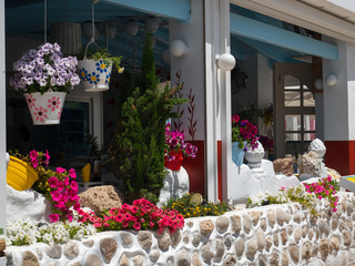 Fototapeta na wymiar Traditional greek style flower decoration on the street