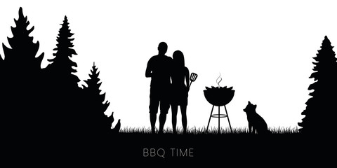 bbq time couple with dog and kettle barbecue in forest silhouette vector illustration EPS10