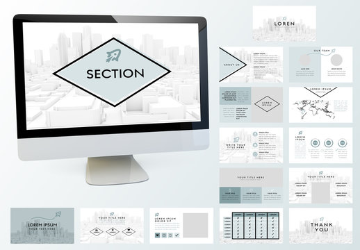 Minimalist Green and Gray Presentation Layout with Model Cityscape