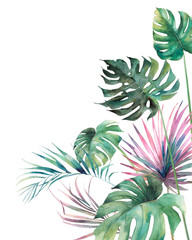 Watercolor tropical flora poster. Hand drawn botanical art.