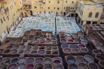 Leather dying in a traditional tannery in the medina of Fes, Morocco