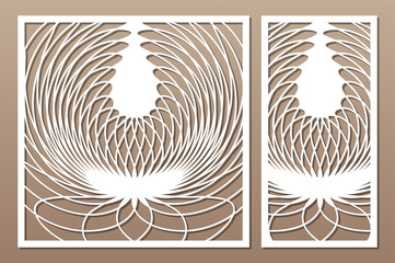 Laser cut panel. Set decorative card for cutting. Abstract circle pattern. Ratio 1:2, 1:1. Vector illustration.