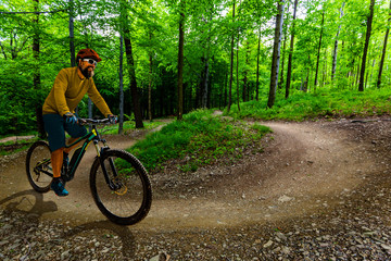 Obraz premium Górski rowerzysta jazda na rowerze w wiosna góry las krajobraz. Mężczyzna na rowerze MTB enduro szlak przepływu. Aktywność sportowa na świeżym powietrzu.