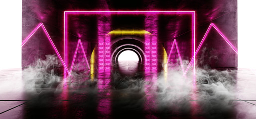 Smoke Sci Fi Circle Neon Glowing Vibrant Laser Beam Virtual Lights Blue Purple FLuorescent On Concrete Grunge Underground Tunnel White Glow Corridor 3D Rendering