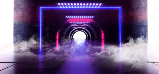 Smoke Sci Fi Circle Neon Glowing Vibrant Laser Beam Virtual Lights Purple Blue FLuorescent On Concrete Grunge Underground Tunnel White Glow Corridor 3D Rendering