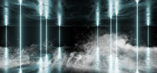 Smoke Virtual Reality Futuristic Modern Elegant Neon Glowing Sci Fi Laser Beam Stage Blue Shaped Tunnel Underground Corridor Garage 3D Rendering