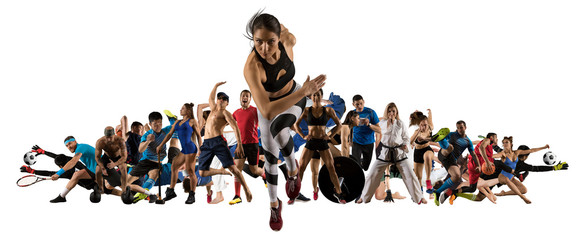 Sport collage. Tennis, soccer, taekwondo, bodybuilding, MMA fighter and basketball players - obrazy, fototapety, plakaty