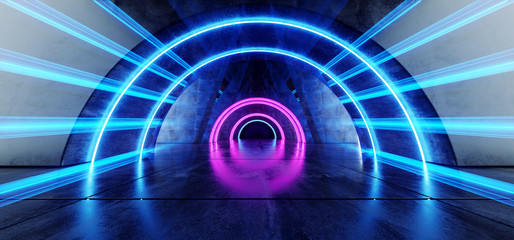 Futuristic Oval Circle Neon Glowing Purple Blue Shaped Laser Beam Lights On Concrete Grunge Floor Reflective Tunnel Corridor Dark Entrance Stage 3D Rendering