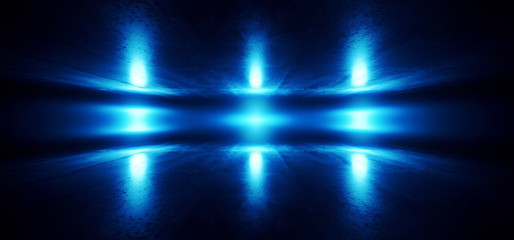 Futuristic Spaceship Stage Sci Fi Neon Glowing Blue Laser Chaotic Abstract Virtual Fluorescent Dark Grunge Concrete Tunnel Corridor Hallway Underground 3D Rendering