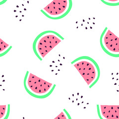 Summer seamless pattern with watermelon slices and seeds.