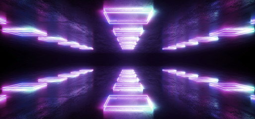 Futuristic Sci Fi Neon Glowing Purple Blue Laser Shaped Abstract Virtual Fluorescent Dark Glossy Vibrant Tunnel Corridor Hallway Underground 3D Rendering
