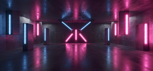 Dark Futuristic X Shaped Sci Fi Alien Spaceship Neon Club Retro Stage Concrete Grunge Reflective Fluorescent Purple Blue Laser Beam Tube Lights Garage 3D Rendering