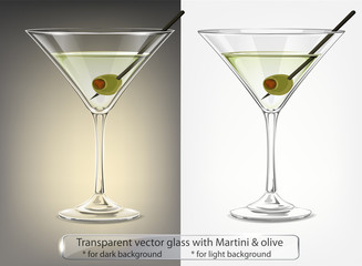 Transparent vector glass with Martini and olive for dark and light background