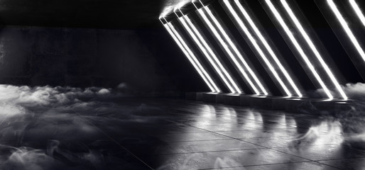Smoke Futuristic Sci Fi Neon Glowing White Laser Shaped Abstract Virtual Fluorescent Dark Glossy Tunnel Corridor Hallway Underground 3D Rendering