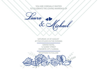 Wedding invitation. Card, template for the invitation. Delicate background of lines and seashells. Seaweed, seashells, leaves, twigs.