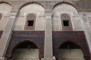 Fez, Morocco - March 25th, 2019: Inside interior of The Madrasa Bou Inania; acknowledged as an excellent example of Marinid architecture. Medina of Fez.