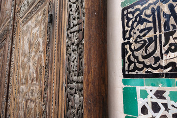 Fez, Morocco - March 25th, 2019: Inside interior of The Madrasa Bou Inania; acknowledged as an excellent example of Marinid architecture. Medina of Fez.