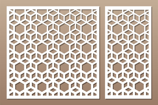 Laser cut panel. Decorative card for cutting. Arabic, line art pattern. Ratio 1:2, 1:1. Vector illustration.