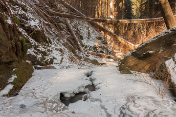 winter creek in  the valley in  parkland in February