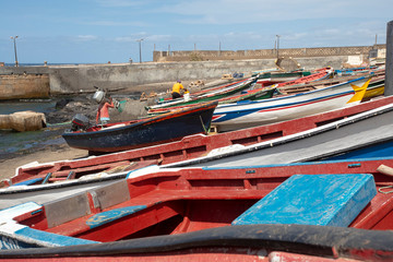 Fototapeta na wymiar Fishing boats on the beach of Ponta do Sol , on the island of San Antao.